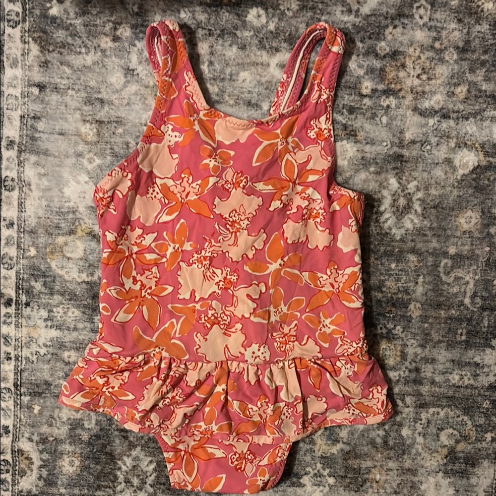 Toddler Lilly Pulitzer Pink and Orange One Piece Swimsuit with Ruffles